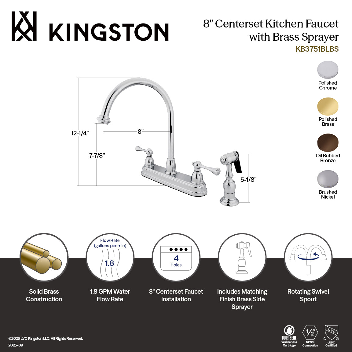 Kingston Tulare KB3755BLBS - Vintage Two-Handle 4-Hole 8" Centerset Kitchen Faucet with Brass Sprayer, Oil Rubbed Bronze — thumbnail 2
